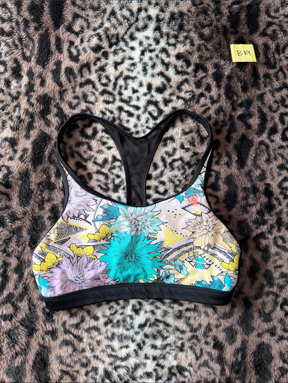 Body glove Floral Racerback Sports Bra — Black/white & Turquoise & Yellow B19